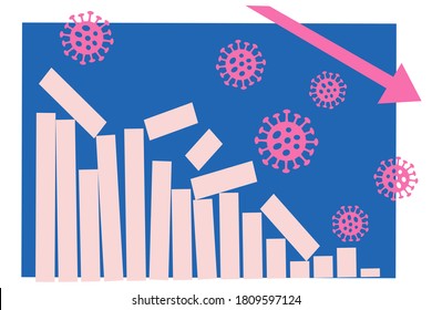 Stock market crash. Coronavirus symbol crashing the candlesticks on the way down. Global recession, market crash. Flat vector illustration. EPS 10.