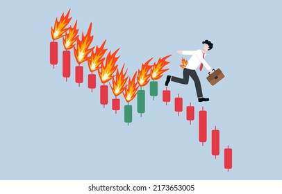 Stock Market Crash, Crypto Price Fall, Loss Money From Financial Crisis Or Wrong Speculation Of Trading Concept. Businessman Trader Running Away From Downtrend Candlestick Graph Which Being On Fire.