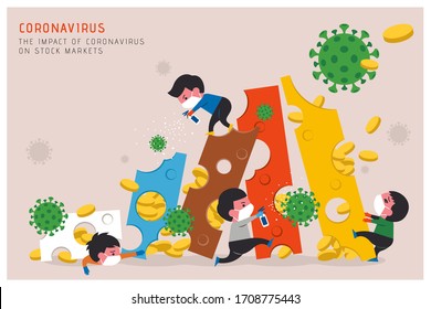 Stock market crash due to COVID-19 outbreak, people fighting against virus in flat illustration