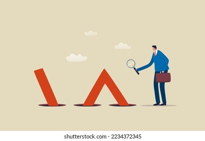 Stock market crash. Financial research or economic forecasting. Business analyst using a magnifying glass to see the graph falling. illustration