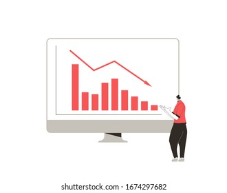 Stock market crash. Invest in the company's bonds. Minor shareholder. Man looking at computer screen with investment data and symbols. Collapsing stock prices. Vector flat color illustration.