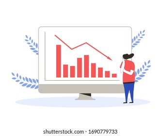 Stock market crash. Invest in the company's bonds fail. Sad woman with graphic of stocks plummeting on computer screen. Vector flat illustration.