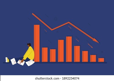 Stock Market Crash. Investor Lost Money. Young Unlucky Shareholder Sitting On The Floor With Index Graph Fall Down. The Broader Market Fall. Economic And Financial Crisis. Vector Flat Illustration.