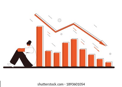 Crisis del mercado de valores. El inversor perdió dinero. Un accionista triste y decepcionado sentado en el suelo con una gráfica caída en la pantalla del ordenador. Quiebra. Crisis económica y financiera. Ilustración del vector