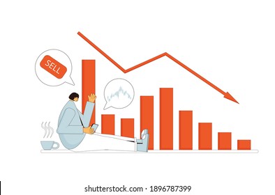 Stock market crash. Investor lost money. Young shareholder sitting on the floor with index graph fall down. The broader market fall. Economic and financial crisis. Vector flat illustration.