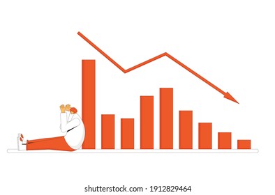 Stock market crash. Investor lost money. Bankrupt sharholder sitting on the floor with index graph fall down. The broader market fall. Economic and financial crisis. Vector flat illustration.