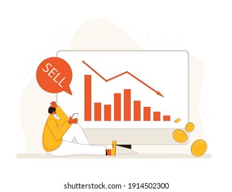 Stock market crash. Investor lost money. Sad and disappointed sharholder sitting on the floor with graph fall down at computer screen. Bankrupt woman. Economic and financial crisis.Vector.
