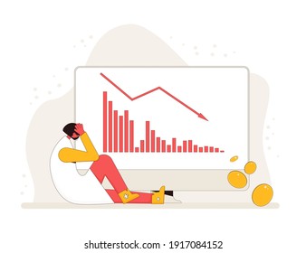 Stock Market Crash. Investor Lost Money. Sad And Disappointed Sharholder Sitting On The Floor With Graph Fall Down At Computer Screen. Bankrupt Woman. Economic And Financial Crisis.Vector.