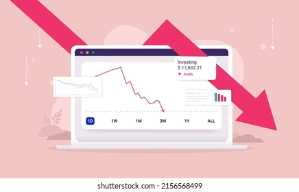 Stock market crash - Laptop computer with investing portfolio losing money and red arrow pointing down. Recession concept, flat design vector illustration - Shutterstock ID 2156568499