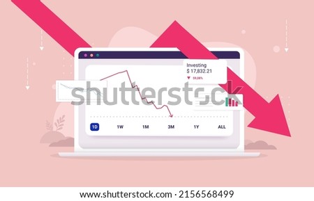 Stock market crash - Laptop computer with investing portfolio losing money and red arrow pointing down. Recession concept, flat design vector illustration