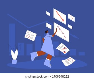 Stock market crash. Unlucky retail trader. Investor lost money. Bankrupt shareholder with index graph fall down. The broader market fall. Economic and financial crisis. Vector flat illustration.