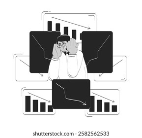 Stock market crisis doodle line illustration concept. Stressed middle eastern male entrepreneur contemplating falling business graphs 2D outline character isolated. Hand drawn ink drawing monochrome