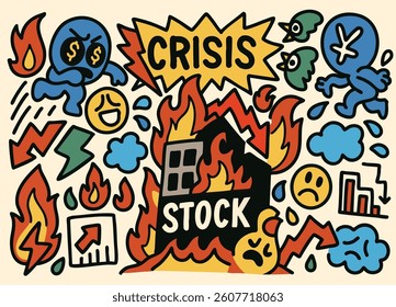 Stock market crisis with financial chaos doodle
