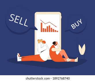 Stock market crisis strategy for retail investors. Two young shareholders choose to buy or sell bonds, shares, index. Graph fall down at mobile screen. Vector flat illustration.