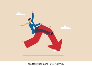 Stock market or crypto currency crash and going down, economic crisis or investing risk, volatility and fluctuation concept, businessman investor rodeo riding uncertainty decline red arrow graph. - Shutterstock ID 2137807439