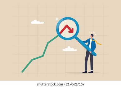 Stock market or Cryptocurrency decline, down turn or economic recession, market plunge signal, inflation or interest rate falling down concept, businessman analyst with magnifier on arrow turn down.