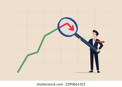 Stock market or cryptocurrency decline, inflation concept, market plunge signal, falling interest rates, businessman analyst with magnifying glass on declining arrow.