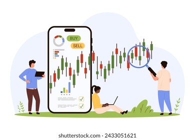 Stock market data analysis and analytics, forex trade in mobile app. Tiny people research infographic candlestick graph and chart on phone screen with magnifying glass cartoon vector illustration