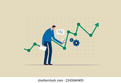 Análisis de datos del mercado de valores. 
Analizar gráficos financieros o de inversión. 
 Empresario que usa la magnificación y las herramientas para analizar la gráfica. Ilustración