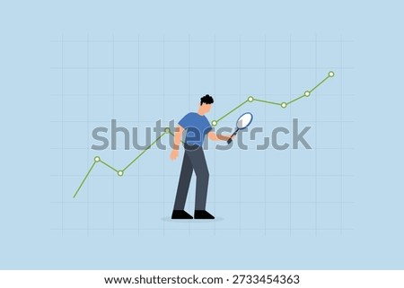 Stock market data analysis, business analyst examines details of rising market data using a magnifying glass.