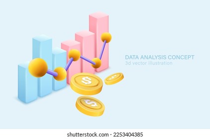 Stock market data analysis concept. Business graph. Growth progress and financial reporting research. Vector 3D illustration.