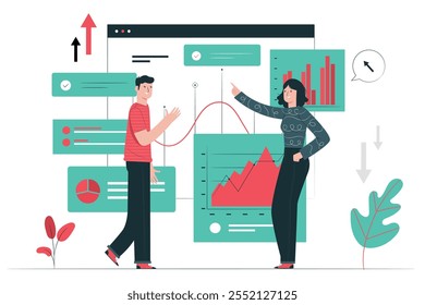 Conceito de análise de dados do mercado de ações. Equipe de analistas ou empresários analisando informações estatísticas. Colaboração em grupo sobre estatísticas de dados de negócios e ilustração de vetor simples do processo de análise