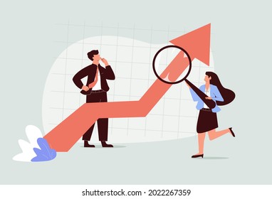 Stock market data analysis, financial research professional or investment and economic forecast concept, smart businessman analyst using magnifying glass look in details on market data rising graph.