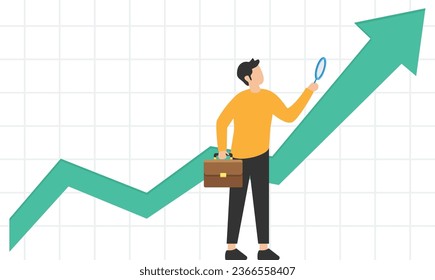 Stock market data analysis, Financial research professional or investment, Economic and  forecast, Analyst using magnifying glass look in details, Market data rising graph

