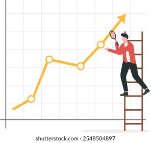 Análise de dados do mercado de ações, profissional de pesquisa financeira ou conceito de previsão econômica e de investimento, analista de empresário inteligente usando lupa olhar em detalhes no gráfico crescente de dados de mercado.

