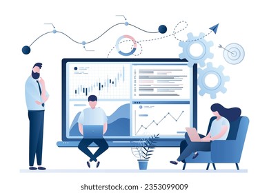 Stock market data analysis. Team of statistical analysts or businesspeople analyzing statistical information. Group of people working. Business data analysis process, statistics. Vector illustration