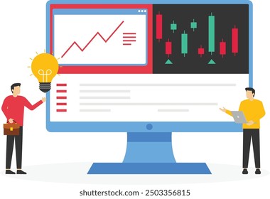 Análisis de datos del mercado de valores. Equipo de analistas estadísticos o empresarios que analizan información estadística.

