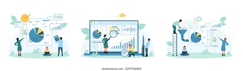 Stock market data analytics set vector illustration. Cartoon tiny people work on conversion of big data flow in funnel, research graphs, candlestick and pie charts with magnifying glass and calculator