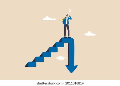 Stock market decline in crisis or bubble burst, investment or economic recession, career dead end or financial risk concept, frustrated businessman investor climb up stair with arrow down on top. svg