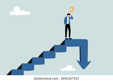 Stock market decline in crisis or bubble burst, investment or economic recession, financial risk concept, frustrated entrepreneur investor climbing a ladder with a downward arrow on it.