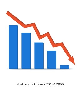 Stock market decline. Financial crisis. Arrow of decreasing economy on the graph. Loss of income, bankruptcy, decline in sales. Vector illustration.