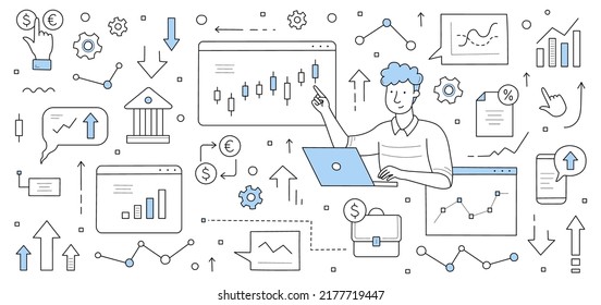 Concepto de doodle en el mercado de valores. Comerciante empresario que trabaja en la venta y compra de bonos de divisas y empresas mediante servicios de intermediarios y aplicación de pc, inversión, banner web de vector de arte de línea