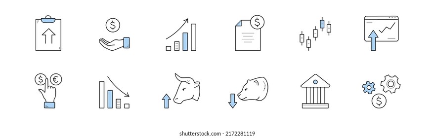 Stock market doodle icons, isolated vector set of linear signs. Finger choose dollar or euro currency, decline chart, bull bear head, bank building, briefcase, growing arrow graph, cogwheels