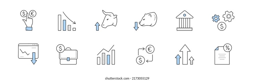 Stock market doodle icons, isolated vector set of linear signs. Finger choose dollar or euro currency, decline chart, bull head, bank building, briefcase, growing arrow graph, invest bonds, cogwheels