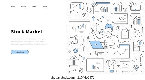 Stock market doodle landing page. Businessman trader working on computer selling and buying currency and company bonds using broker services and pc application, investment, Line art vector web banner