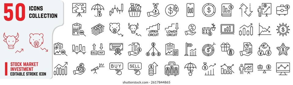 Stock Market editable stroke icon set also includes trading, investment, financial analysis, currency, equity, dollar, IPOs, charts, portfolio, and economic growth illustrations