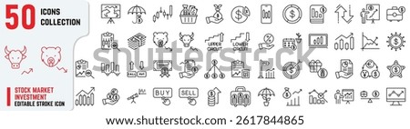 Stock Market editable stroke icon set also includes trading, investment, financial analysis, currency, equity, dollar, IPOs, charts, portfolio, and economic growth illustrations