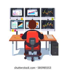 Stock market exchange trader working selling and buying equity sitting at desk with six displays monitoring financial indexes data online. Looking at charts. Flat style modern vector illustration.