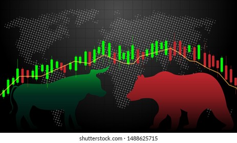 Stock Market And Exchange Of World. Bull Market Vs. Bear Market . Candle Stick Graph Chart Of Stock Market Investment Trading. Black Background. Vector.