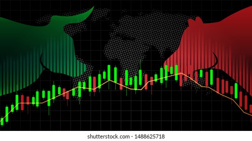 Stock market and exchange of world. Bull Market Vs. Bear Market . Candle stick graph chart of stock market investment trading. black background. Vector.