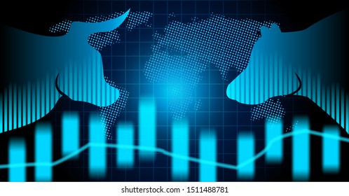 Stock market and exchange of world. Bull Market Vs. Bear Market . Candle stick graph chart of stock market investment trading. blue background. Vector.