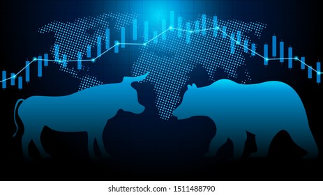 Stock market and exchange of world. Bull Market Vs. Bear Market . Candle stick graph chart of stock market investment trading. blue background. Vector.