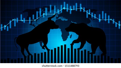 Stock market and exchange of world. Bull Market Vs. Bear Market . Candle stick graph chart of stock market investment trading. blue background. Vector.