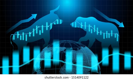 Stock market and exchange of world. Bull Market Vs. Bear Market . Candle stick graph chart of stock market investment trading. blue background. Vector.