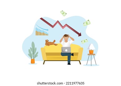 Stock Market Falling Graph With Frustrated Man Losing Money On Investment Trading. Money Lost In Stock Market Crash Concept