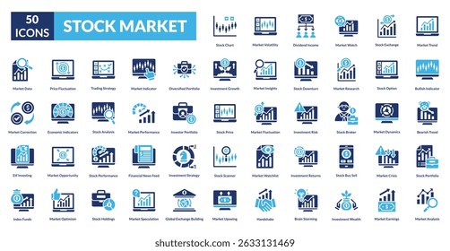 stock market fill icon set collection. Market Trend, Bullish Indicator, Bearish Trend, Stock Portfolio,  Analysis, Stock Chart, Market Volatility, Dividend, Income, Market Watch,  Exchange